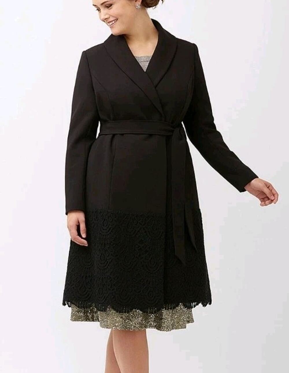Lela Rose For Lane Bryant Lace Trim Coat Sz 22 NO BELT Black Button Closure (V